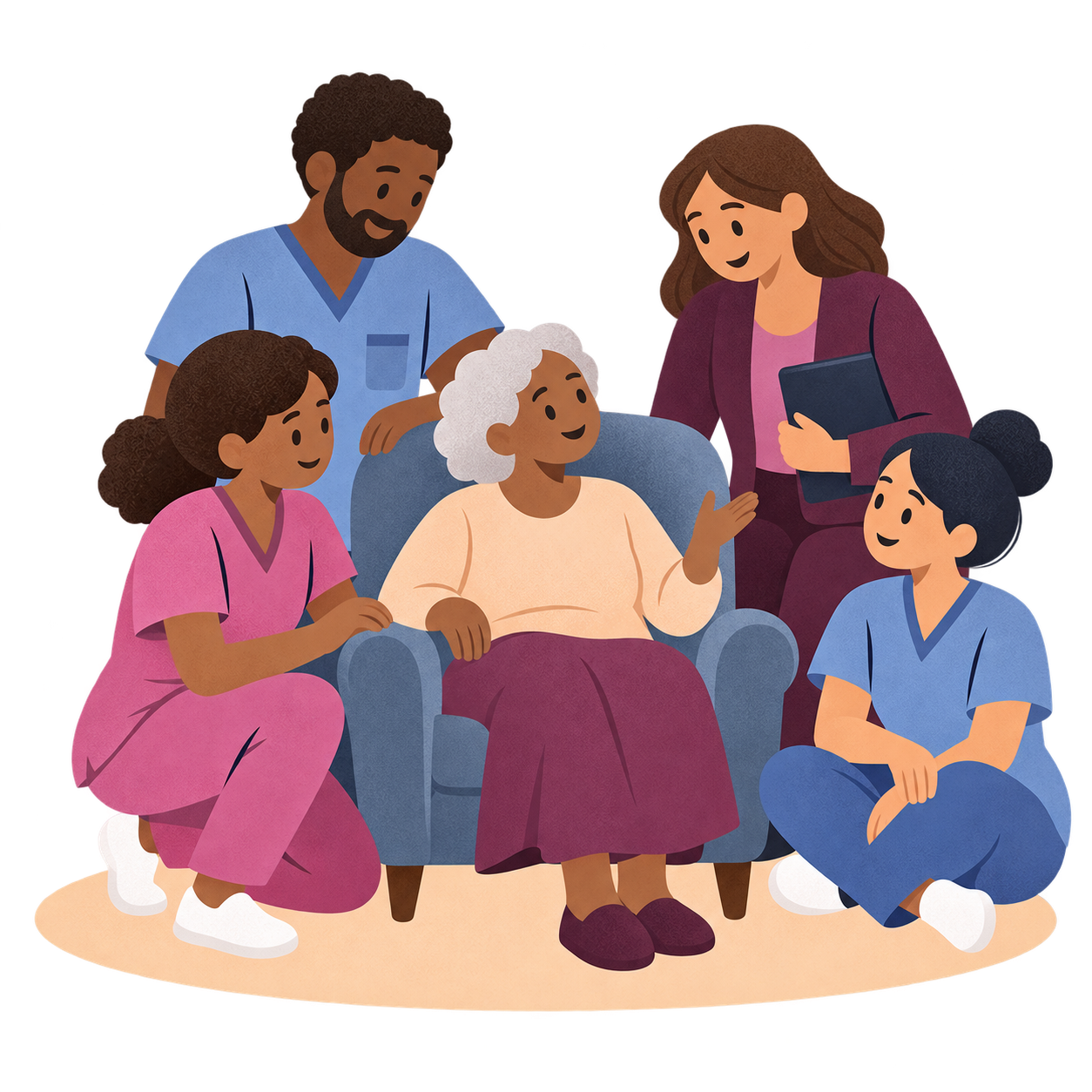 Care workers and a provider representative sharing a conversation with an older resident.