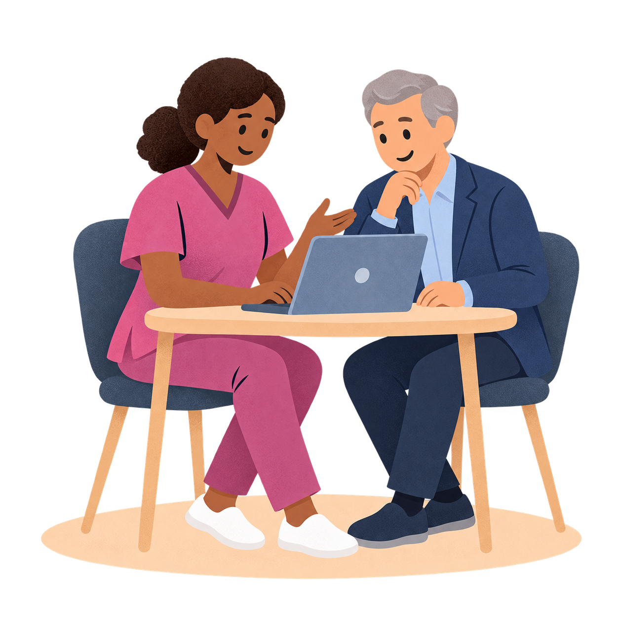 A care worker and provider reviewing a laptop together.