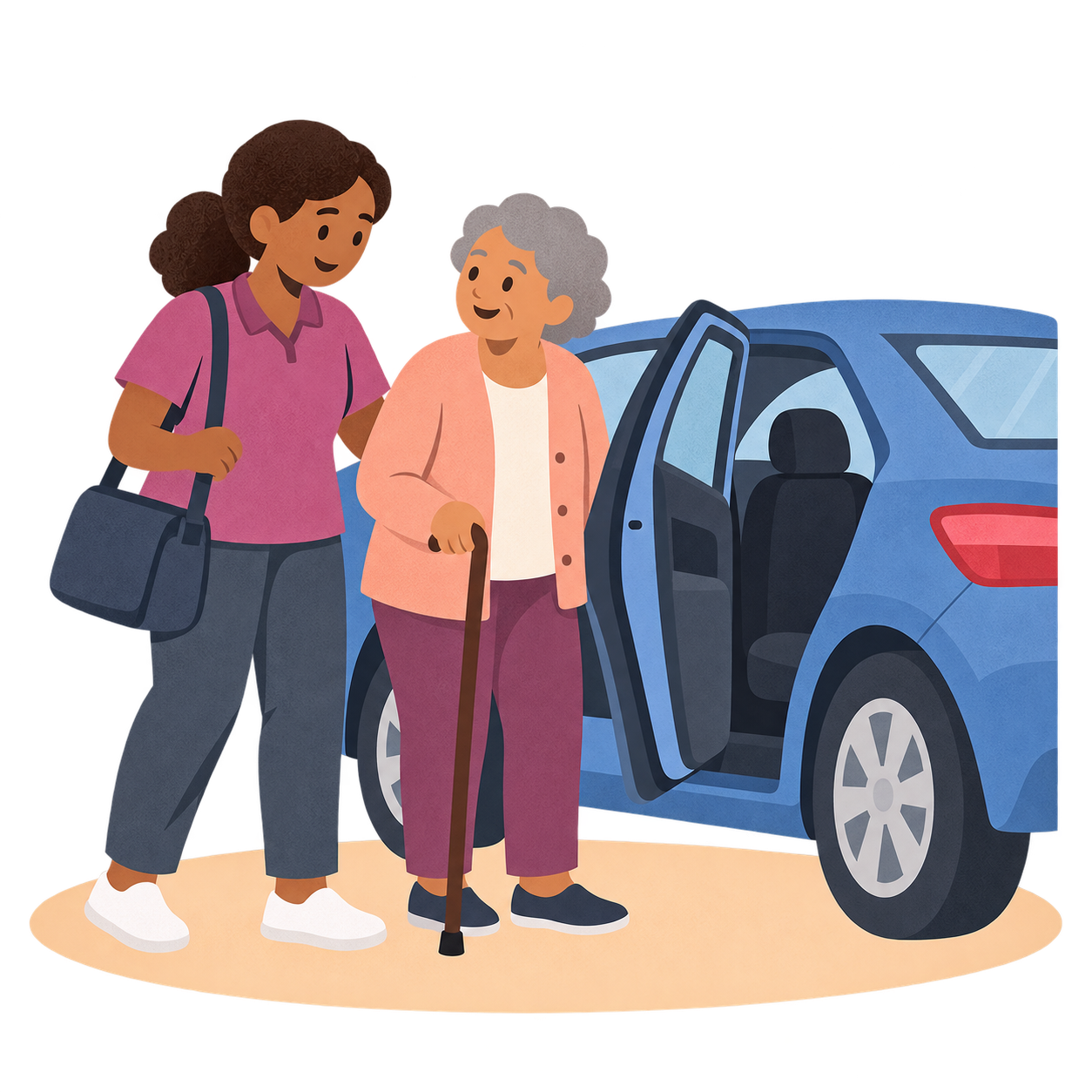 A support worker accompanying an older person beside a passenger vehicle.